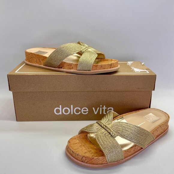 Dolce Vita Selda Raffia Slide Size 7 Gold Cork Platform Flat Sandal Slip-On - Picture 1 of 11